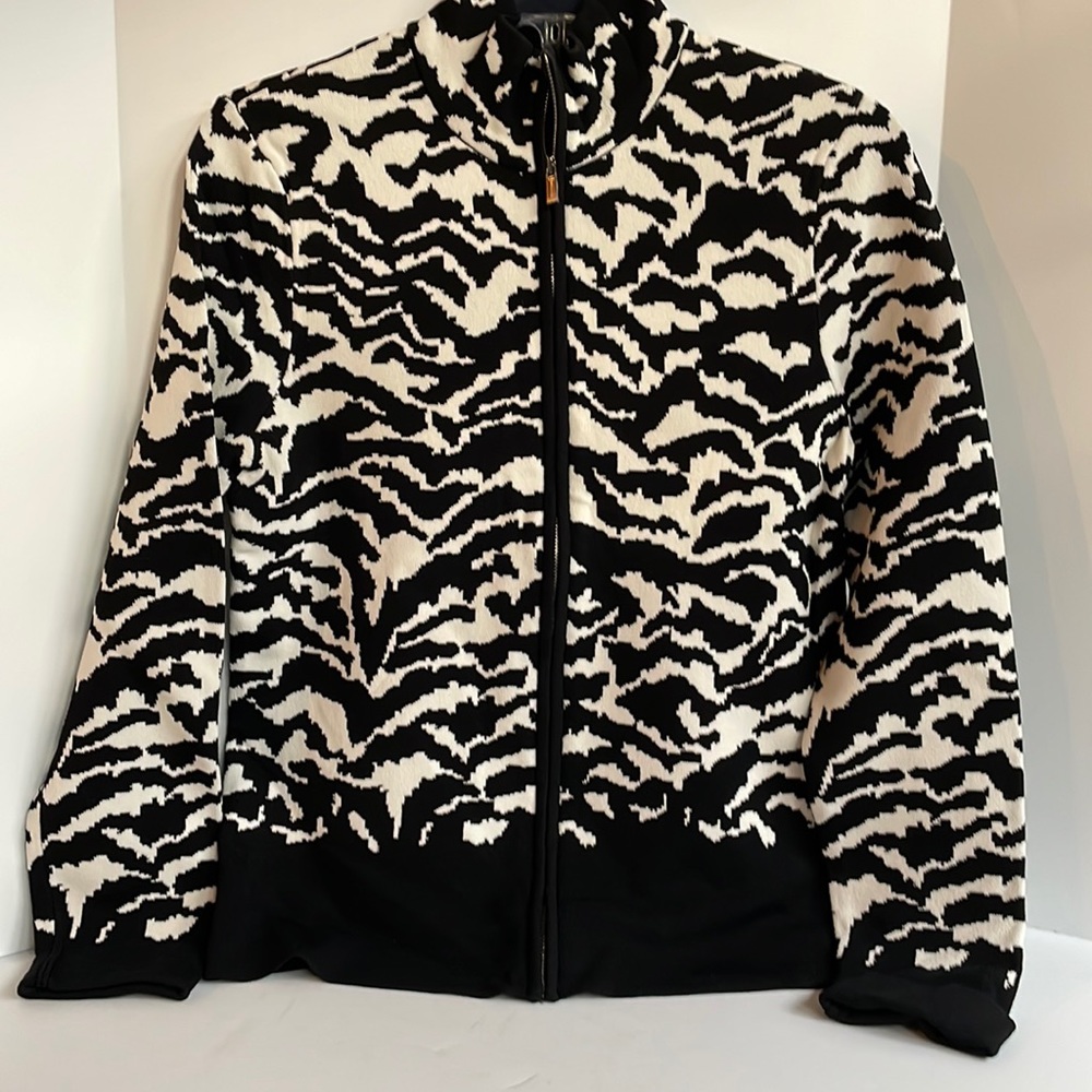 Jones New York heavyweight knit zip front mock neck zebra print jacket medium